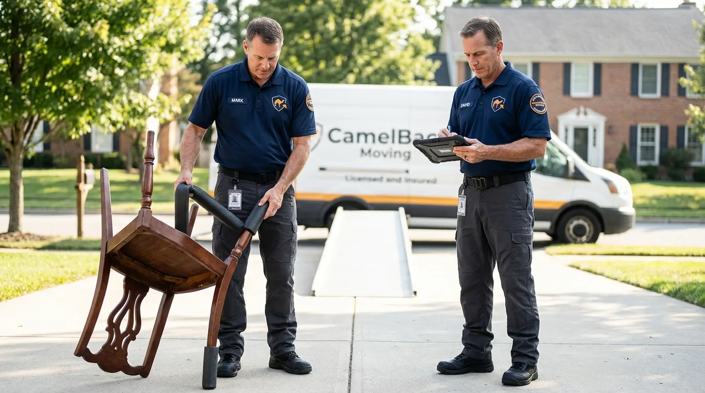 Movers inspecting furniture for damage prevention before loading in Cherokee, OK