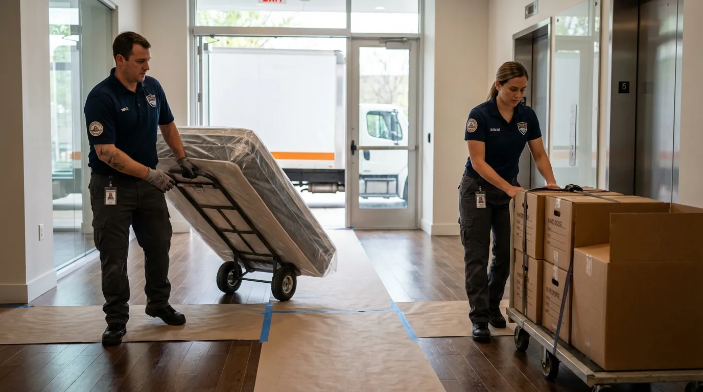 Professional apartment movers loading elevator in Cherokee, OK