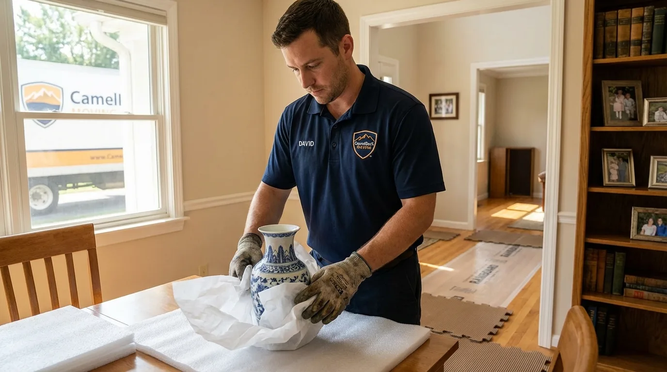 Professional crew carefully wrapping antique vase for senior downsizing move in Cherokee, OK